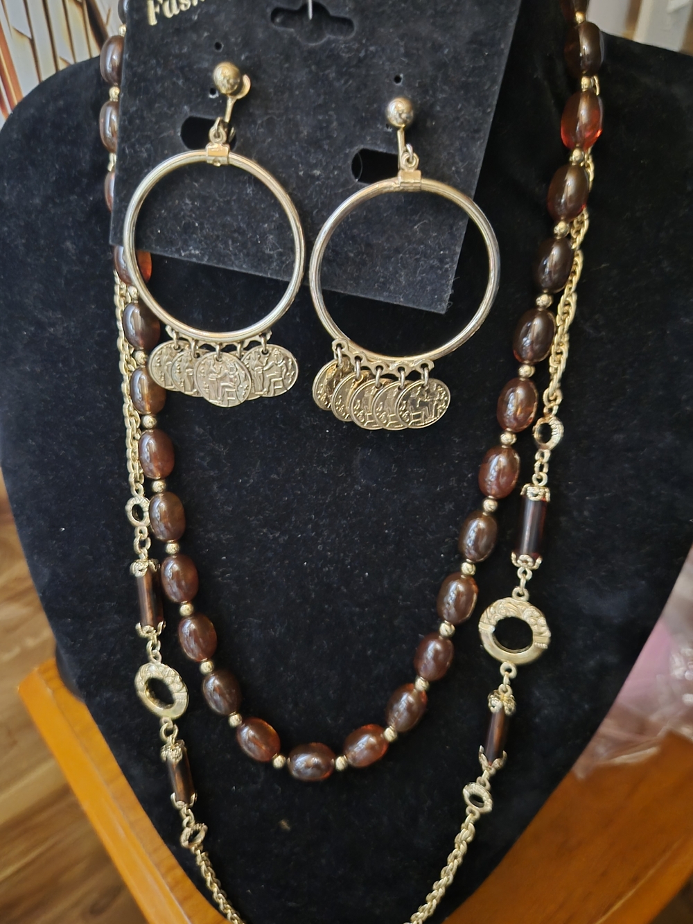 Sarah Coventry Gold-Tone Coin Hoop Earrings with Brown Bead Necklace